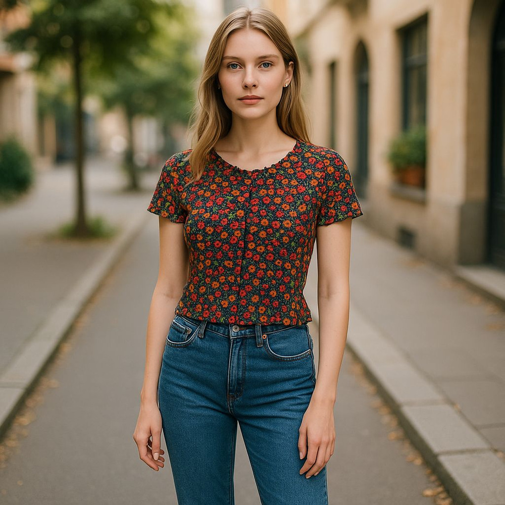 Kirious Mesh Knit Lettuce Edge Multicolor Flower Y2K Crop Top LG